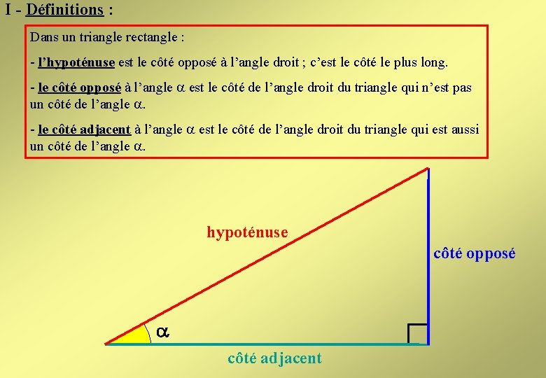 I - Définitions : Dans un triangle rectangle : - l’hypoténuse est le côté I - Définitions : Dans un triangle rectangle : - l’hypoténuse est le côté