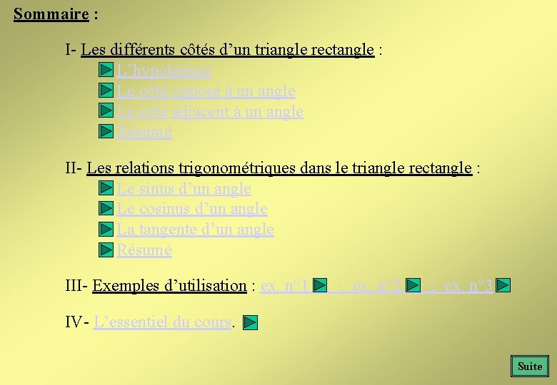 Sommaire : I- Les différents côtés d’un triangle rectangle : L’hypoténuse Le côté opposé Sommaire : I- Les différents côtés d’un triangle rectangle : L’hypoténuse Le côté opposé