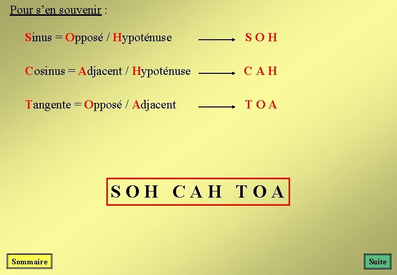 Pour s’en souvenir : Sinus = Opposé / Hypoténuse SOH Cosinus = Adjacent / Pour s’en souvenir : Sinus = Opposé / Hypoténuse SOH Cosinus = Adjacent /