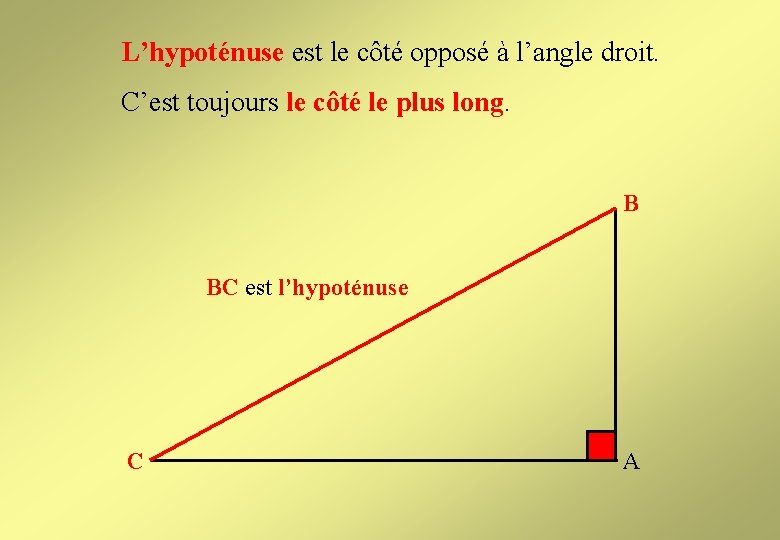 L’hypoténuse est le côté opposé à l’angle droit. C’est toujours le côté le plus L’hypoténuse est le côté opposé à l’angle droit. C’est toujours le côté le plus