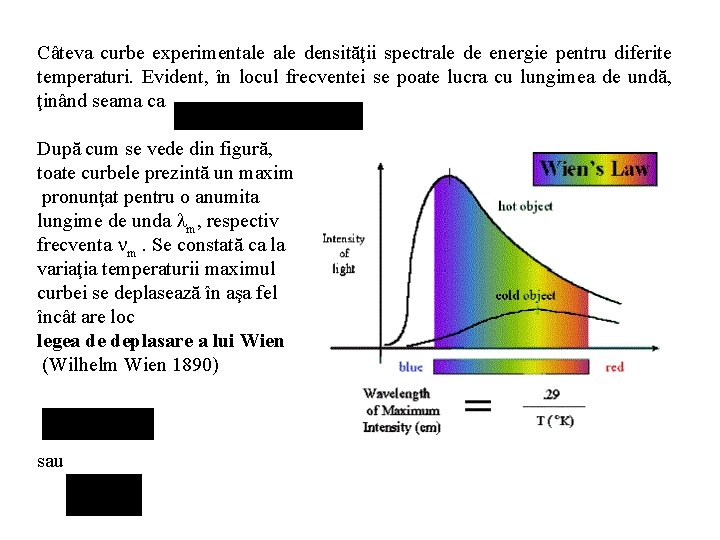 Câteva curbe experimentale densităţii spectrale de energie pentru diferite temperaturi. Evident, în locul frecventei