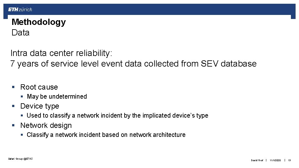 Methodology Data Intra data center reliability: 7 years of service level event data collected