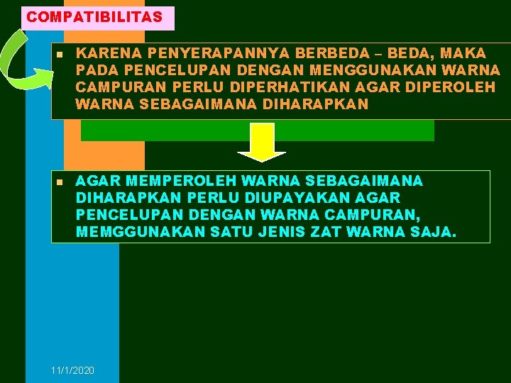 COMPATIBILITAS n n KARENA PENYERAPANNYA BERBEDA – BEDA, MAKA PADA PENCELUPAN DENGAN MENGGUNAKAN WARNA