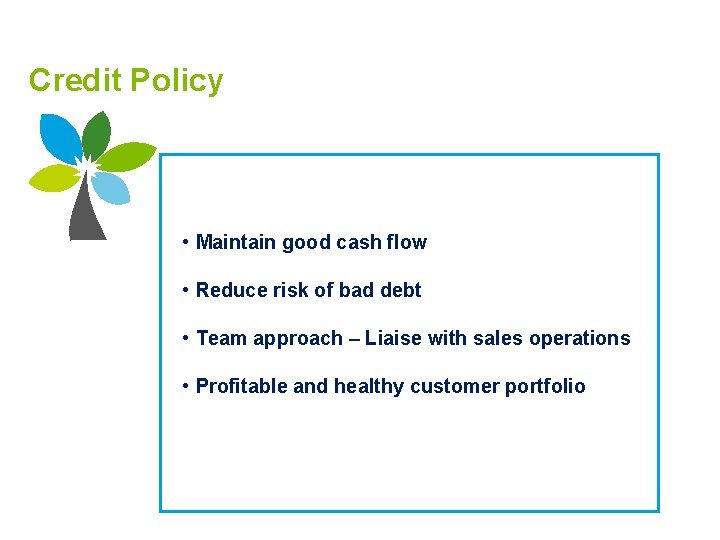 Credit Policy • Maintain good cash flow • Reduce risk of bad debt •