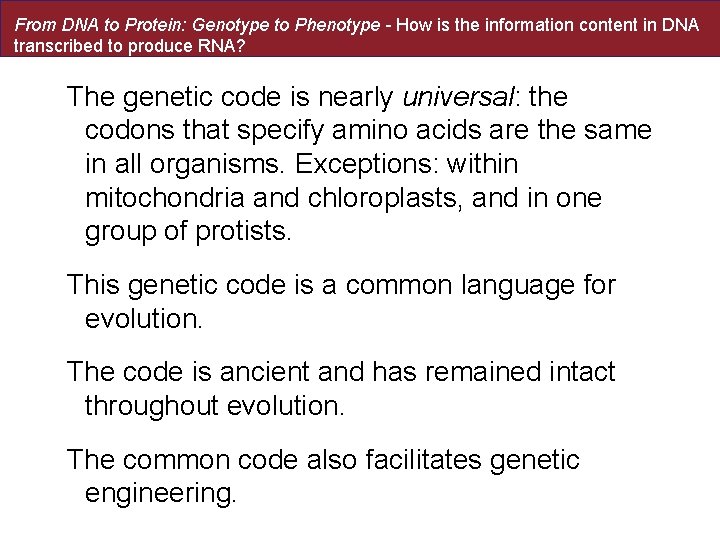 From DNA to Protein: Genotype to Phenotype - How is the information content in