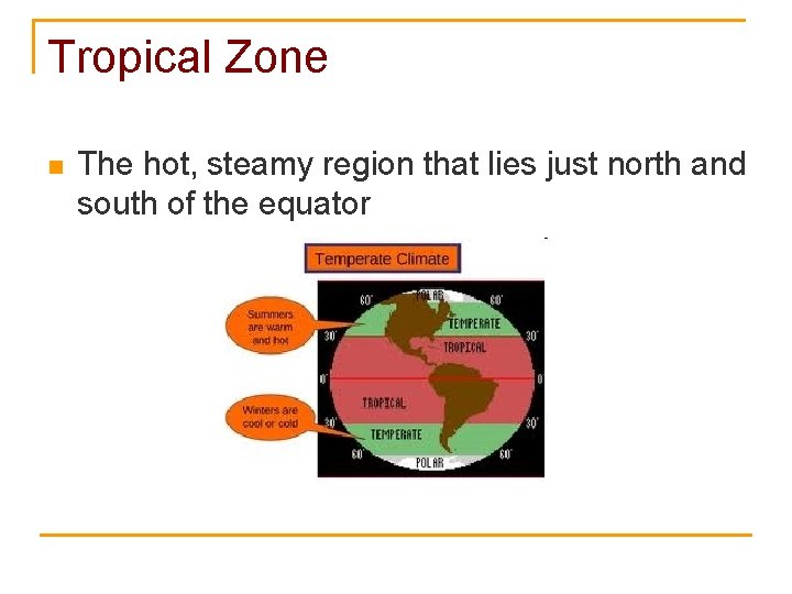 Tropical Zone n The hot, steamy region that lies just north and south of