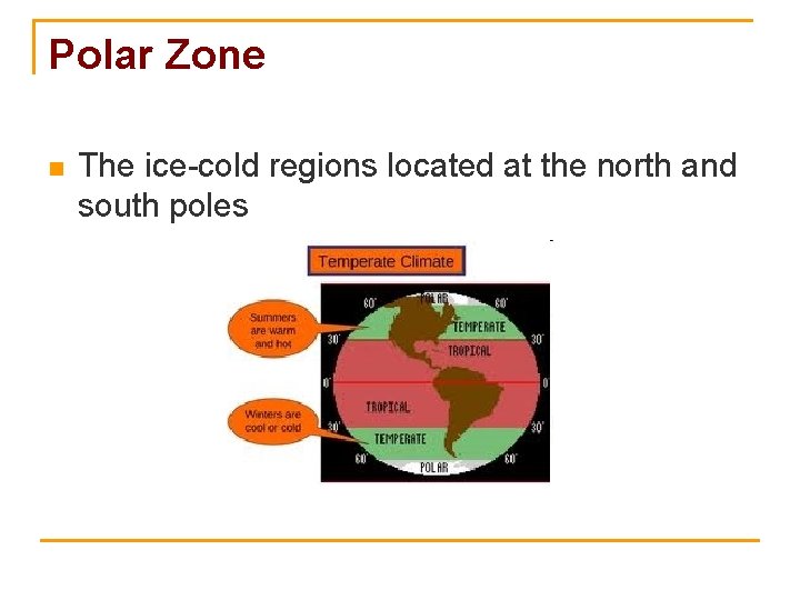 Polar Zone n The ice-cold regions located at the north and south poles 