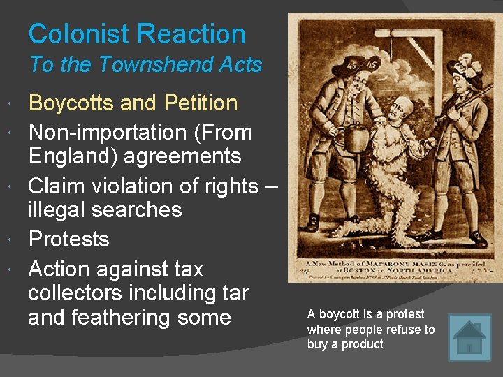 Colonist Reaction To the Townshend Acts Boycotts and Petition Non-importation (From England) agreements Claim