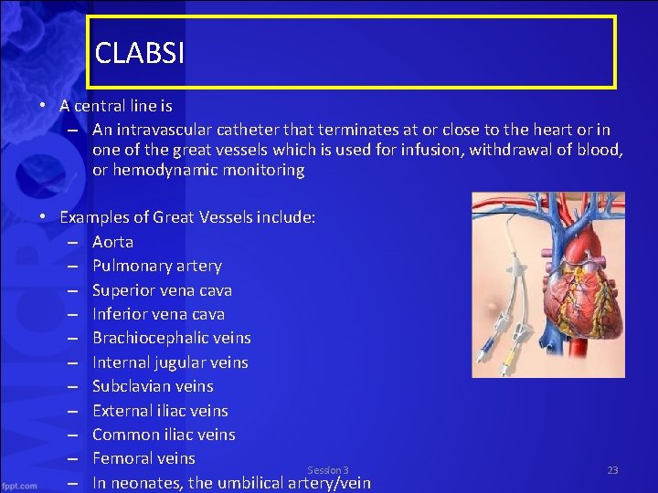 CLABSI • A central line is – An intravascular catheter that terminates at or