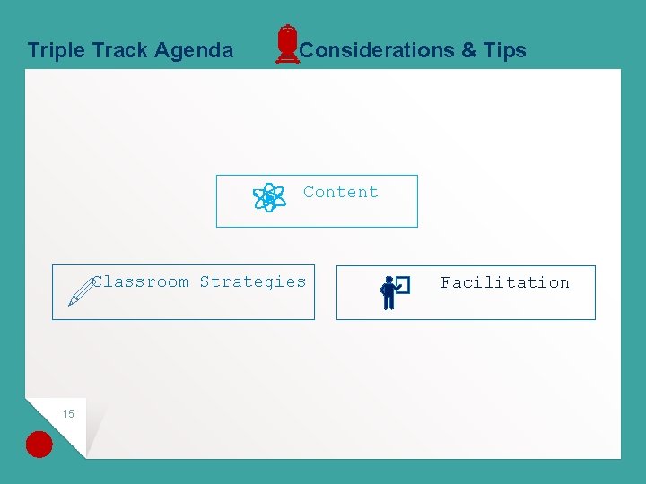 Triple Track Agenda Considerations & Tips Content Classroom Strategies 15 Facilitation 