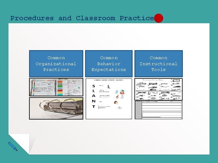 Procedures and Classroom Practices Common Organizational Practices Common Behavior Expectations Common Instructional Tools 