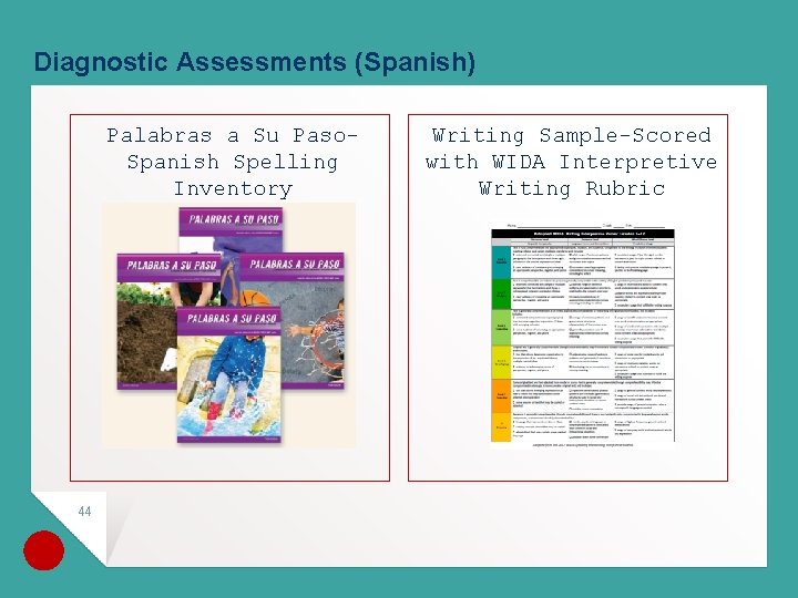 Diagnostic Assessments (Spanish) Palabras a Su Paso. Spanish Spelling Inventory 44 Writing Sample-Scored with