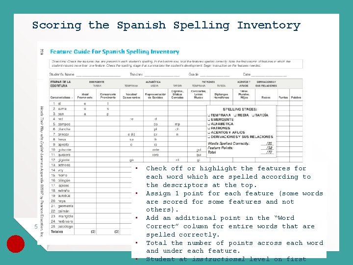 Scoring the Spanish Spelling Inventory • • • 50 • • Check off or