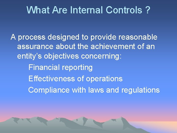 What Are Internal Controls ? A process designed to provide reasonable assurance about the