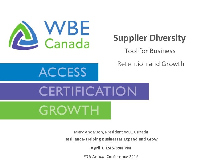 Supplier Diversity Tool for Business Retention and Growth Mary Anderson, President WBE Canada Resilience-