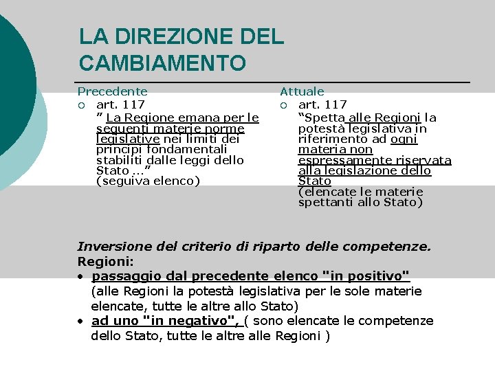 LA DIREZIONE DEL CAMBIAMENTO Precedente ¡ art. 117 ” La Regione emana per le