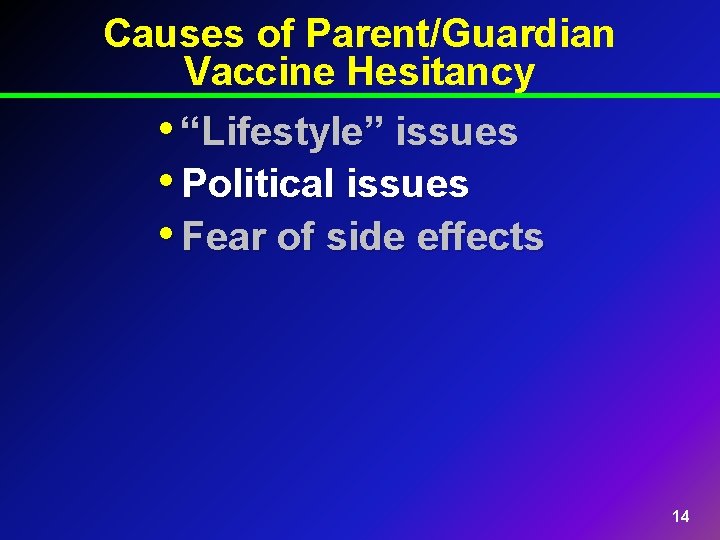 Causes of Parent/Guardian Vaccine Hesitancy • “Lifestyle” issues • Political issues • Fear of