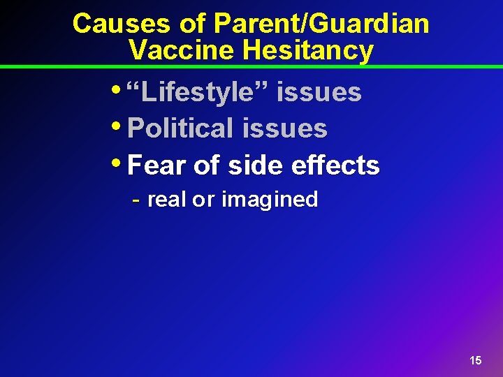 Causes of Parent/Guardian Vaccine Hesitancy • “Lifestyle” issues • Political issues • Fear of