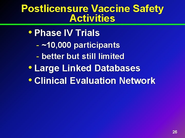 Postlicensure Vaccine Safety Activities • Phase IV Trials - ~10, 000 participants - better