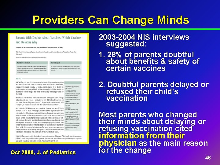 Providers Can Change Minds 2003 -2004 NIS interviews suggested: 1. 28% of parents doubtful