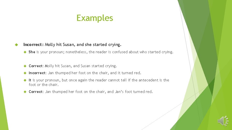 Examples Incorrect: Molly hit Susan, and she started crying. She is your pronoun; nonetheless,