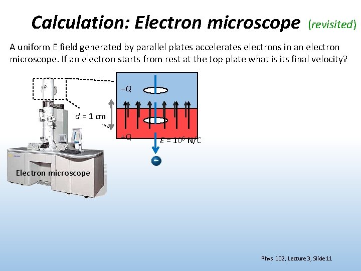 Calculation: Electron microscope (revisited) A uniform E field generated by parallel plates accelerates electrons