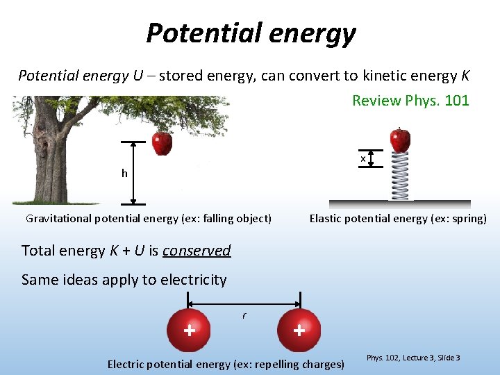 Potential energy U – stored energy, can convert to kinetic energy K Review Phys.