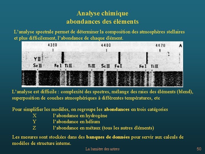 Analyse chimique abondances des éléments L’analyse spectrale permet de déterminer la composition des atmosphères