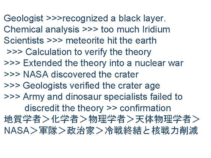 Geologist >>>recognized a black layer. Chemical analysis >>> too much Iridium Scientists >>> meteorite