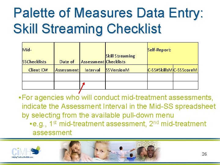 Palette of Measures Data Entry: Skill Streaming Checklist Mid. SSChecklists Client ID# Date of