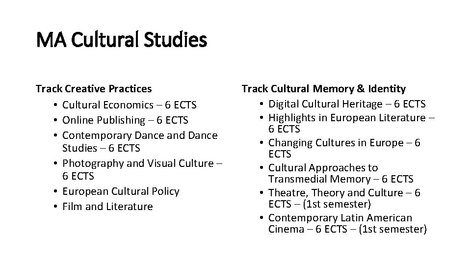 MA Cultural Studies Track Creative Practices • Cultural Economics – 6 ECTS • Online