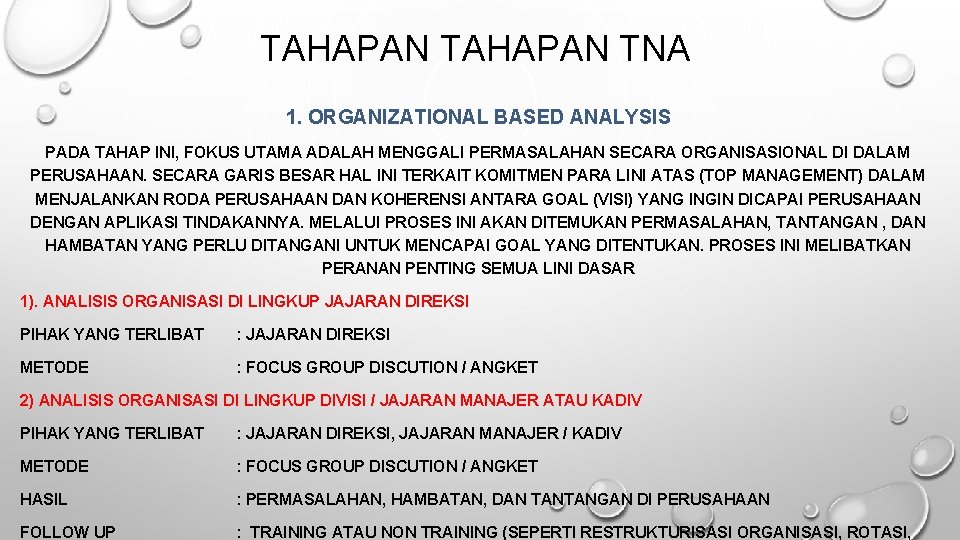 TAHAPAN TNA 1. ORGANIZATIONAL BASED ANALYSIS PADA TAHAP INI, FOKUS UTAMA ADALAH MENGGALI PERMASALAHAN