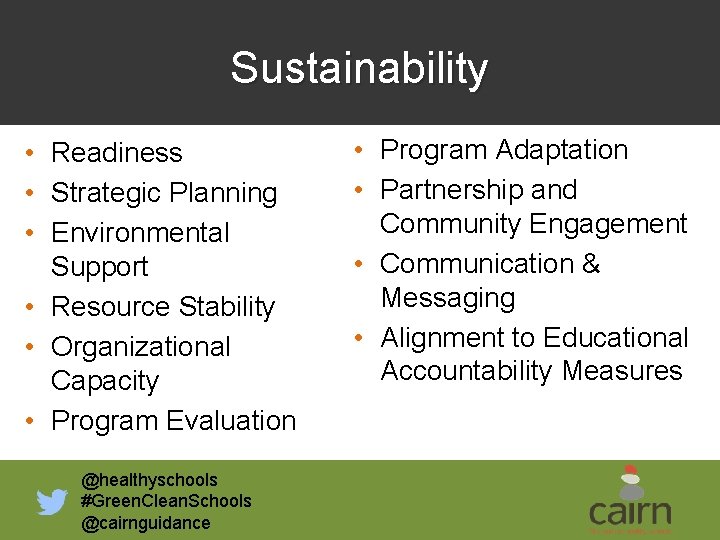 Sustainability • Readiness • Strategic Planning • Environmental Support • Resource Stability • Organizational