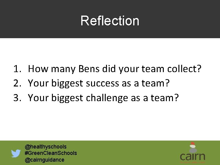 Reflection 1. How many Bens did your team collect? 2. Your biggest success as