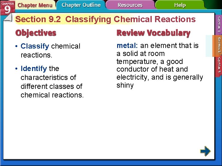 Section 9. 2 Classifying Chemical Reactions • Classify chemical reactions. • Identify the characteristics