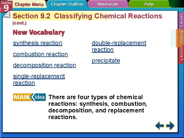 Section 9. 2 Classifying Chemical Reactions (cont. ) synthesis reaction combustion reaction decomposition reaction