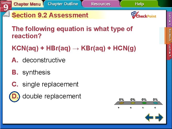 Section 9. 2 Assessment The following equation is what type of reaction? KCN(aq) +