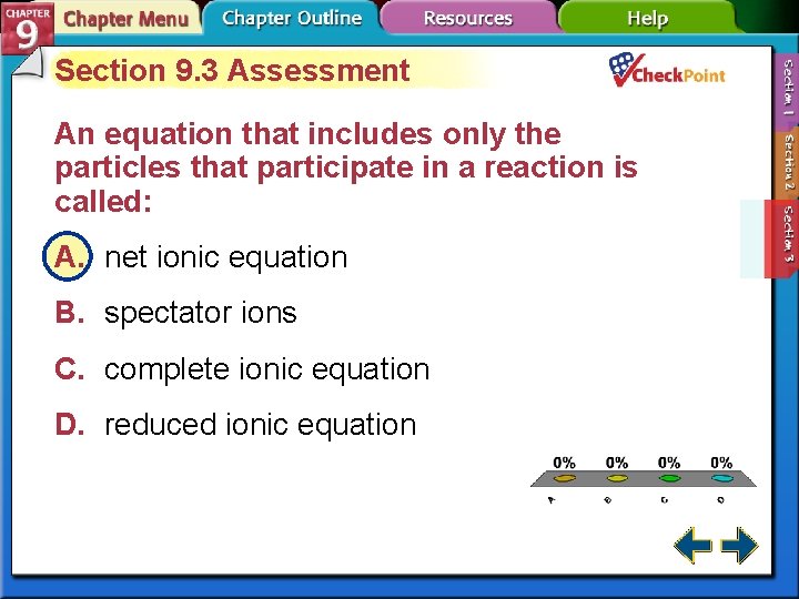 Section 9. 3 Assessment An equation that includes only the particles that participate in