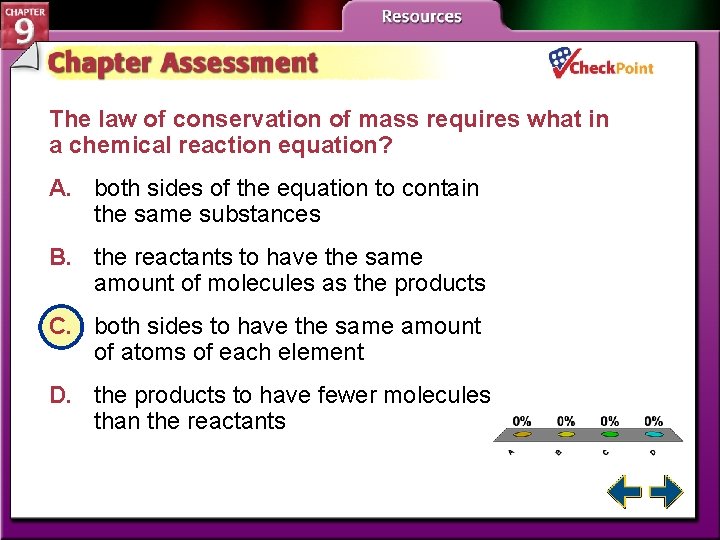 The law of conservation of mass requires what in a chemical reaction equation? A.