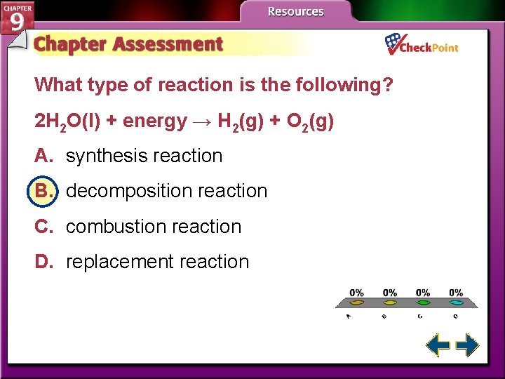 What type of reaction is the following? 2 H 2 O(l) + energy →