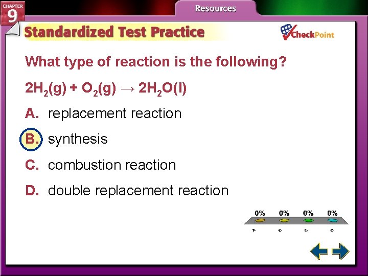 What type of reaction is the following? 2 H 2(g) + O 2(g) →