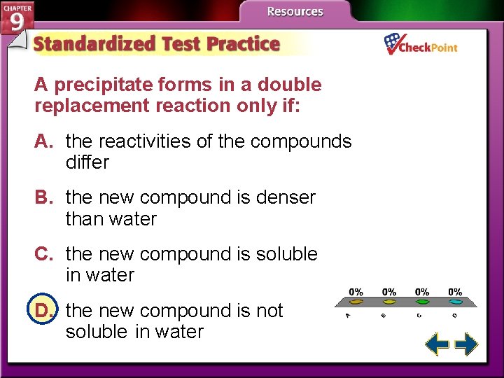 A precipitate forms in a double replacement reaction only if: A. the reactivities of
