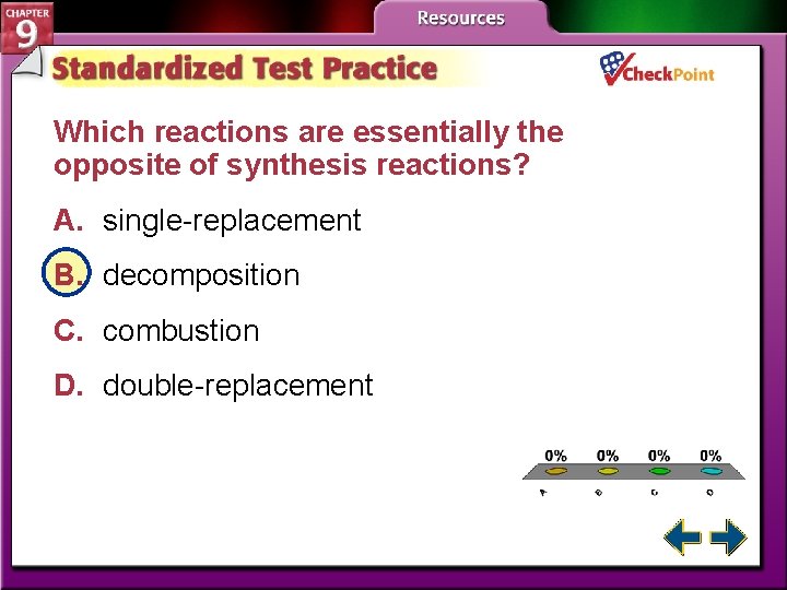 Which reactions are essentially the opposite of synthesis reactions? A. single-replacement B. decomposition C.