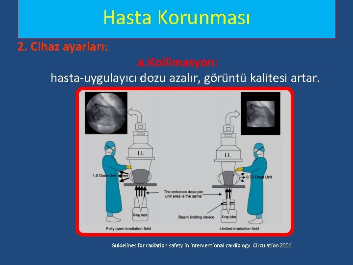 Hasta Korunması 2. Cihaz ayarları: a. Kollimasyon: hasta-uygulayıcı dozu azalır, görüntü kalitesi artar. Guidelines Hasta Korunması 2. Cihaz ayarları: a. Kollimasyon: hasta-uygulayıcı dozu azalır, görüntü kalitesi artar. Guidelines