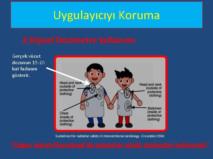 Uygulayıcıyı Koruma 2. Kişisel Dozimetre kullanımı Gerçek vücut dozunun 15 -20 kat fazlasını gösterir. Uygulayıcıyı Koruma 2. Kişisel Dozimetre kullanımı Gerçek vücut dozunun 15 -20 kat fazlasını gösterir.