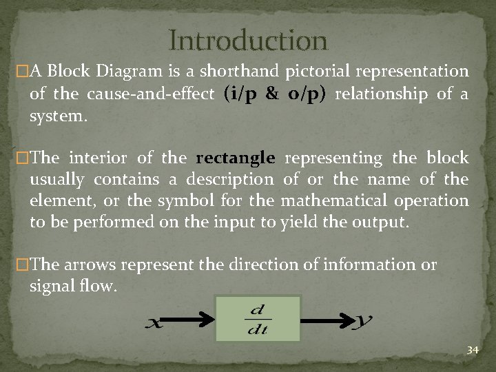 Introduction �A Block Diagram is a shorthand pictorial representation of the cause-and-effect (i/p &