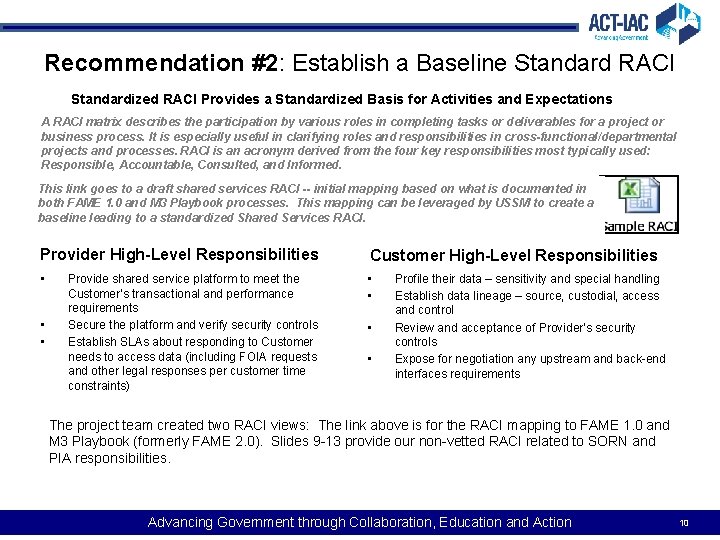 Recommendation #2: Establish a Baseline Standard RACI Standardized RACI Provides a Standardized Basis for