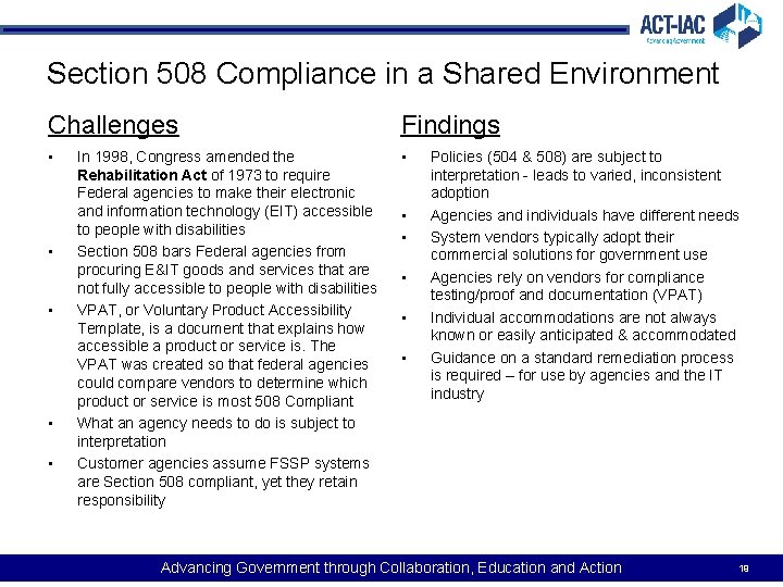 Section 508 Compliance in a Shared Environment Challenges Findings • • • In 1998,