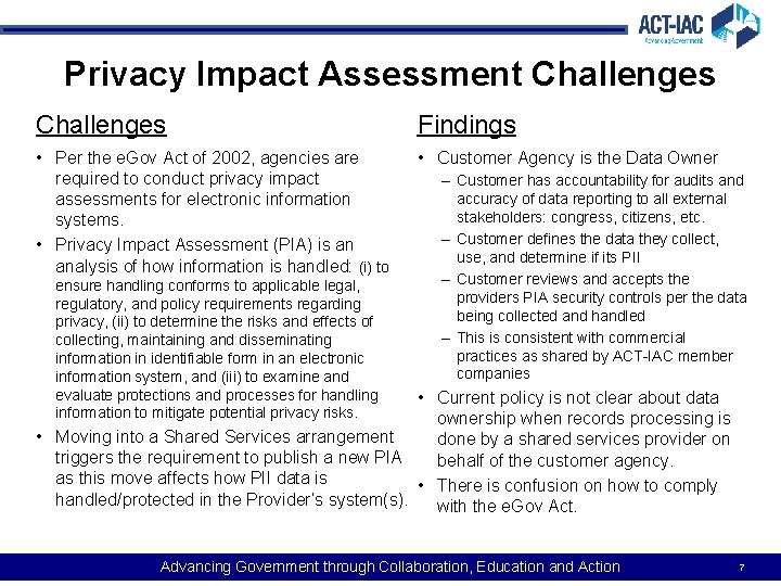 Privacy Impact Assessment Challenges Findings • Per the e. Gov Act of 2002, agencies