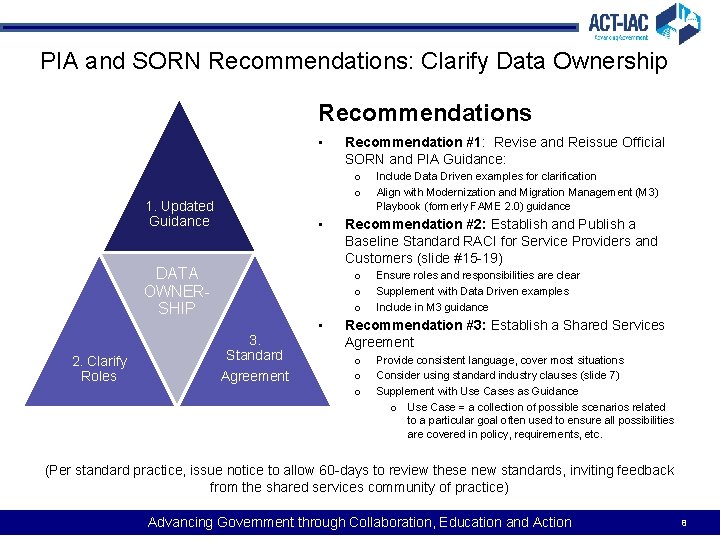 PIA and SORN Recommendations: Clarify Data Ownership Recommendations • o o 1. Updated Guidance